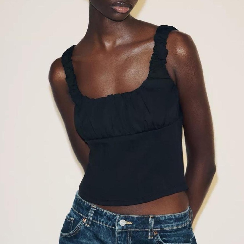 NWT Zara Ruched Textured Corset Tank Top in Black - S